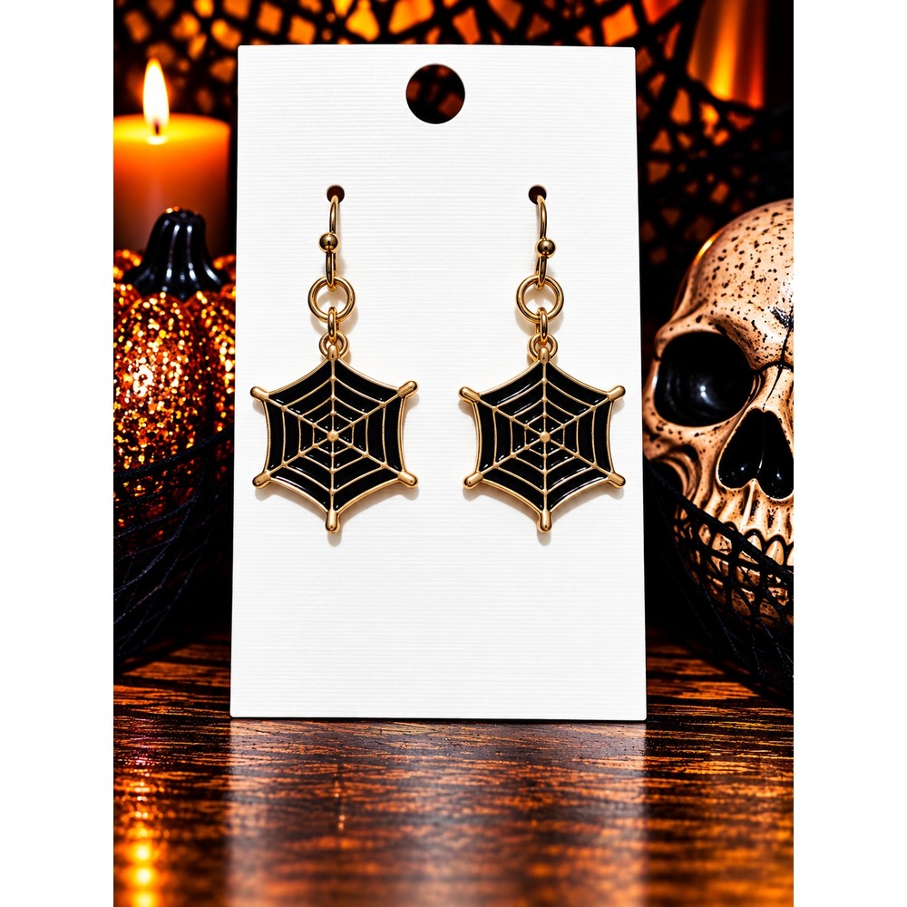 Black Gold Spider Web Earrings Halloween Dangle Earrings Spooky Jewelry